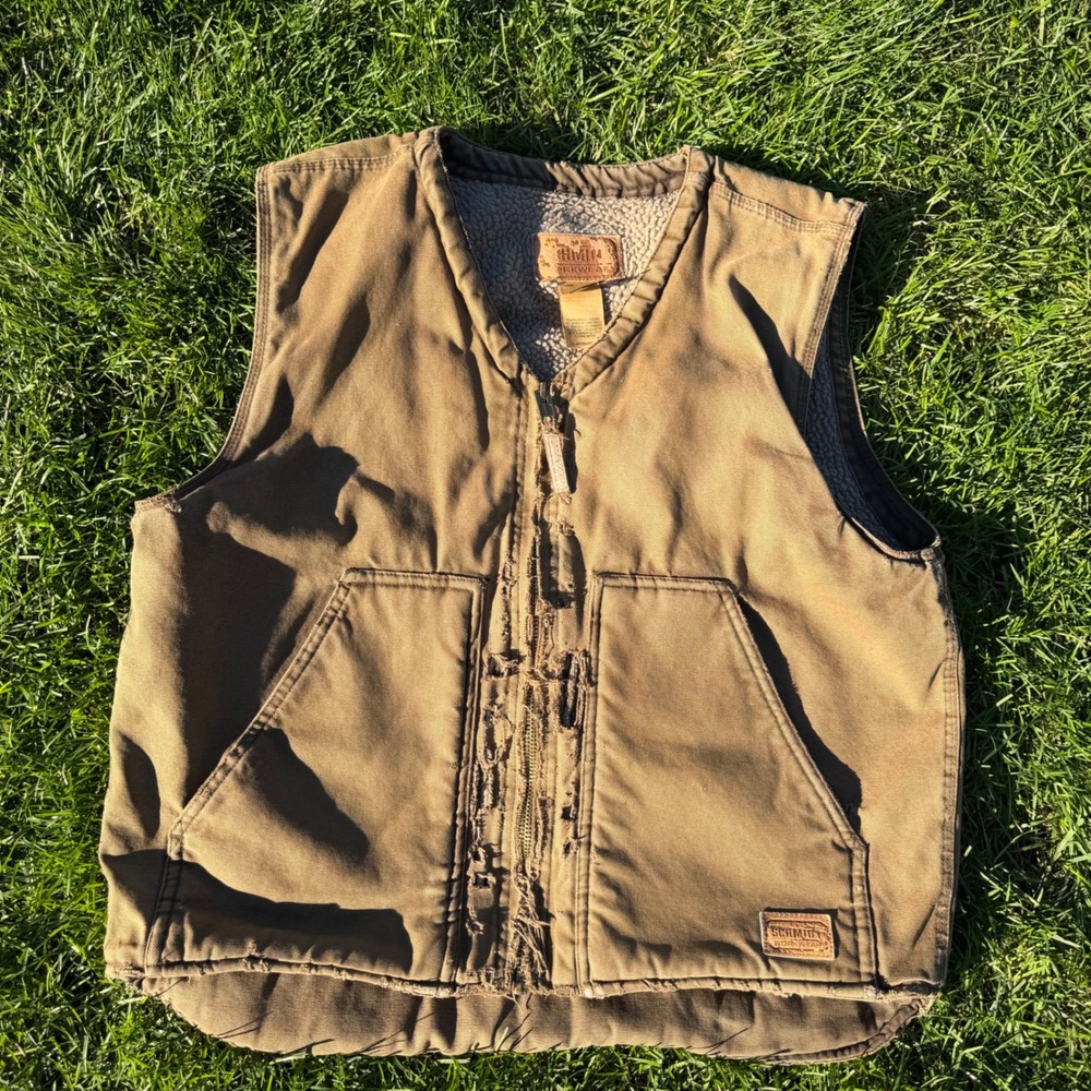 C- Schmidt Workwear Canvas Vest Mens Large Brown Sherpa Lined Distressed TV540D